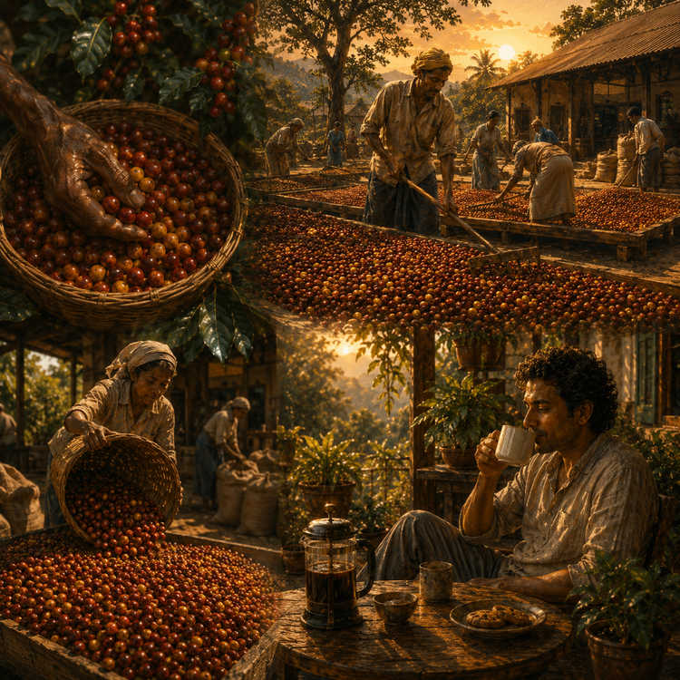 Illustrated Classic Collection coffee design showing a Sri Lankan street scene with a vendor handling coffee beans, with processing steps displayed below.