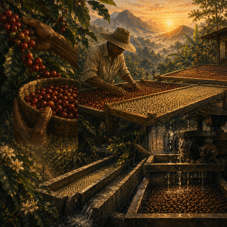 Illustrated coffee packaging showing a Sri Lankan farmer hand-picking coffee cherries in a highland landscape with drying beds and processing steps below.